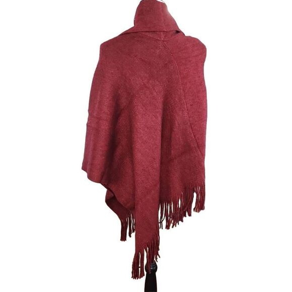 Chico's Women's One Size Red Wild Poppy Cowl Neck Fringe Poncho - Picture 3 of 6